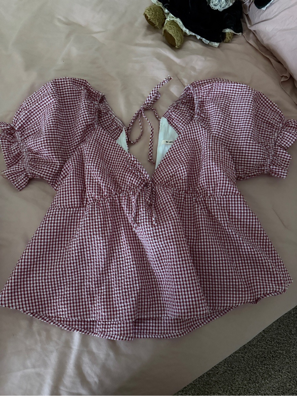 miami Red Gingham Tie-Front Puff Sleeve Top